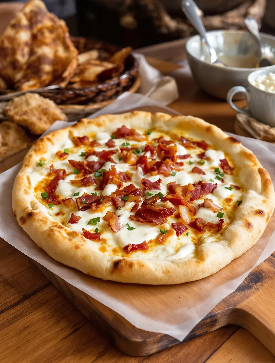 Flammkuchen mit Speck und Zwiebeln