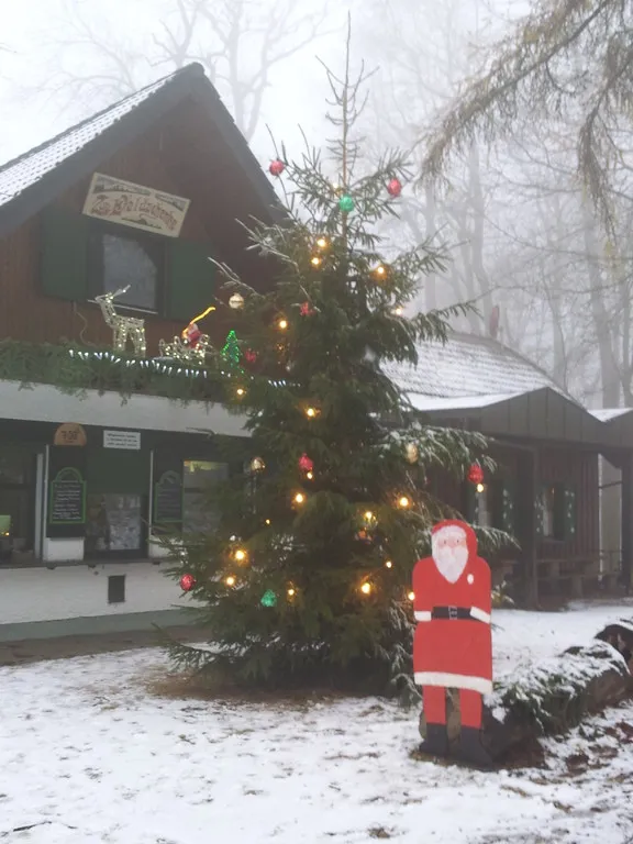 Weihnachtsbaum vor der Hütte im Schnee